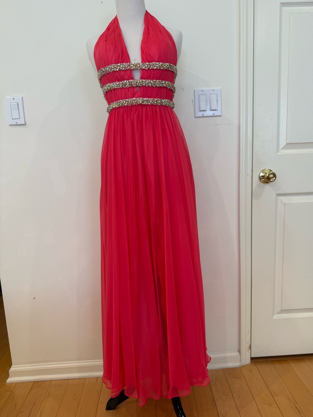 La Femme Hot Pink Halter Chiffon Maxi Gown with Jeweled Bands